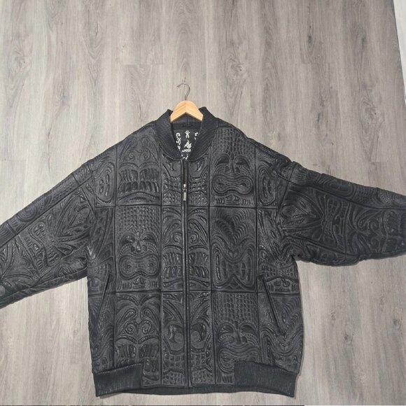 Al Wissam Men’s Embossed Genuine Leather Bomber Jacket Big & Tall, Tribal Design - Picture 11 of 15